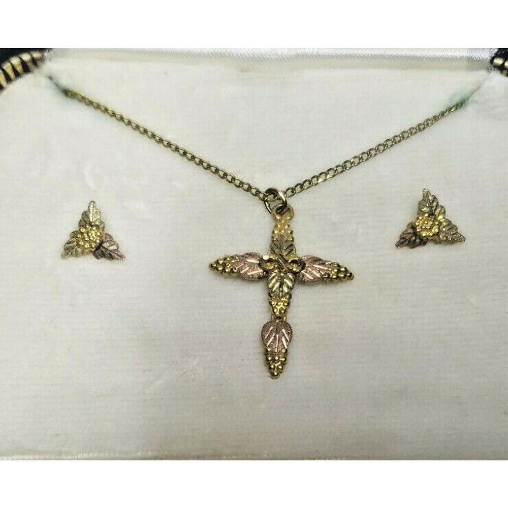 FL Thorpe Black Hills Vintage 10k gold Cross on Chain & Earrings Stud Grape Leaf